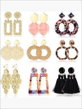 9 Pairs Clip on Drop Earrings Statement Rattan Resin Acrylic Tassel Dangle Non